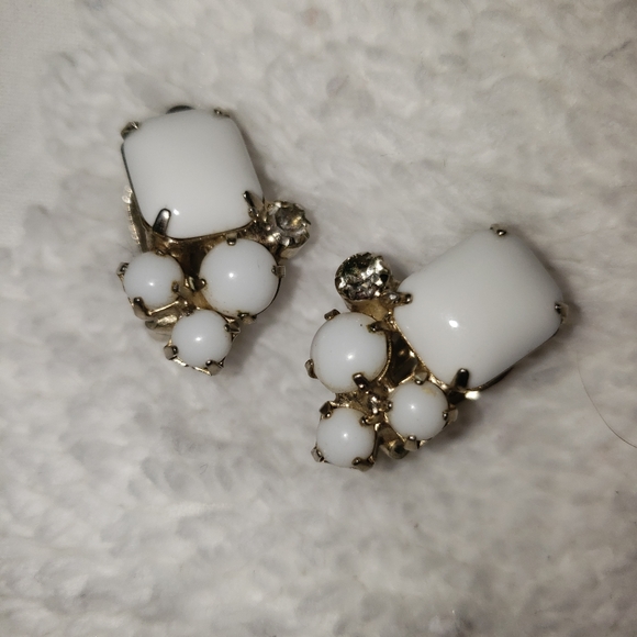 Vintage milk glass and rhinestone clip ons - Picture 1 of 2